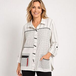 Ali Miles Art To Wear Black White Abstract Geometric Button Tunic Top Women 1X